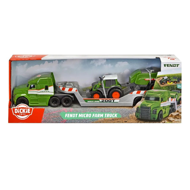 Dickie Toys Fendt Micro Farm Truck boxed set showing green Mack truck tractor and baler