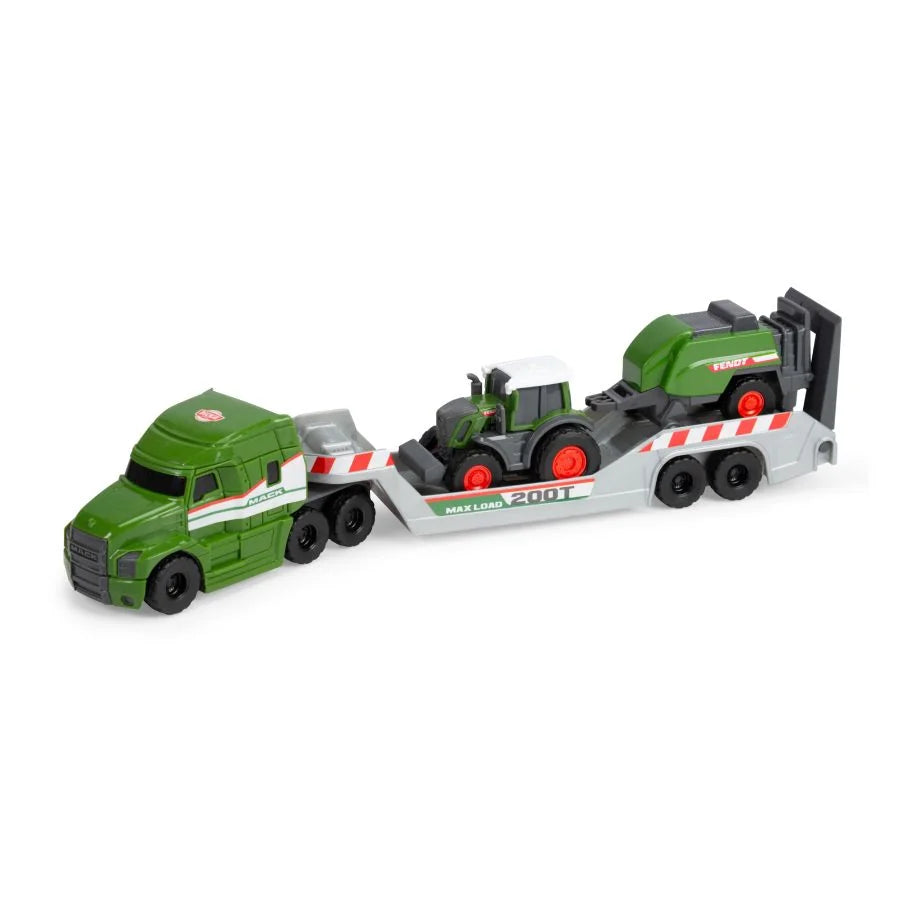 Dickie Toys Fendt Micro Farm Truck with green Mack truck trailer and Fendt tractor loaded