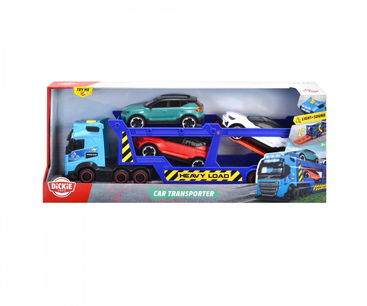 Boxed Dickie Toys Volvo car transporter set showing the truck, trailer, and three included Volvo toy cars