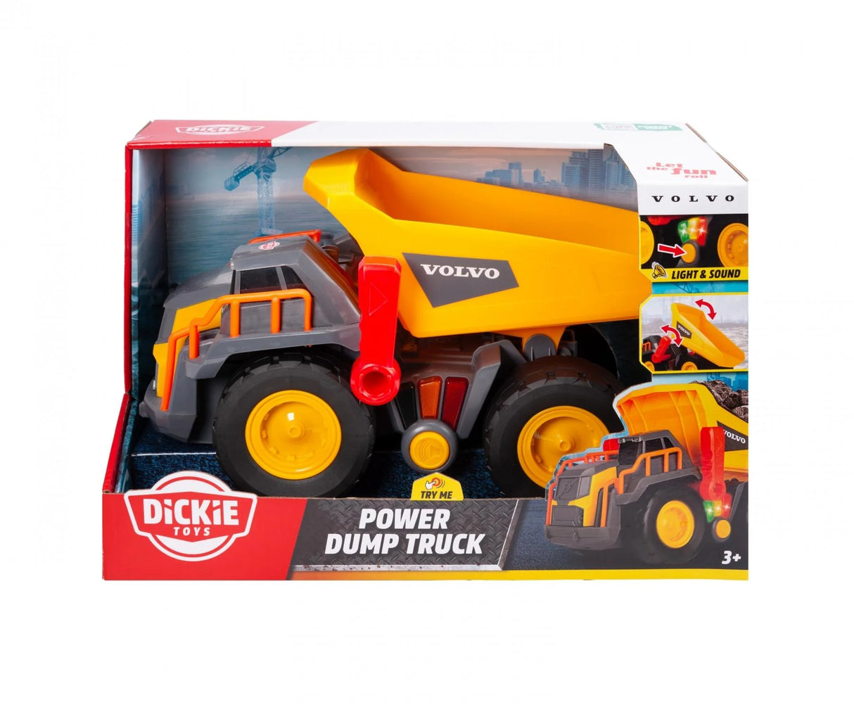 Dickie Toys Volvo Power Dump Truck boxed toy showing yellow and grey truck with lights and sound