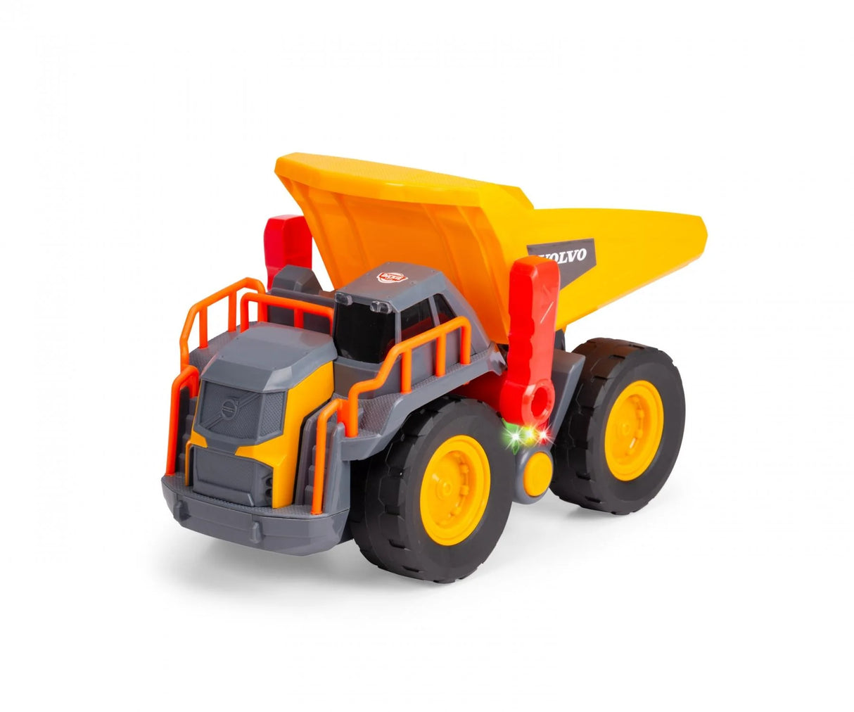 Dickie Toys Volvo Power Dump Truck front angle showing raised yellow dump bed and cab detail