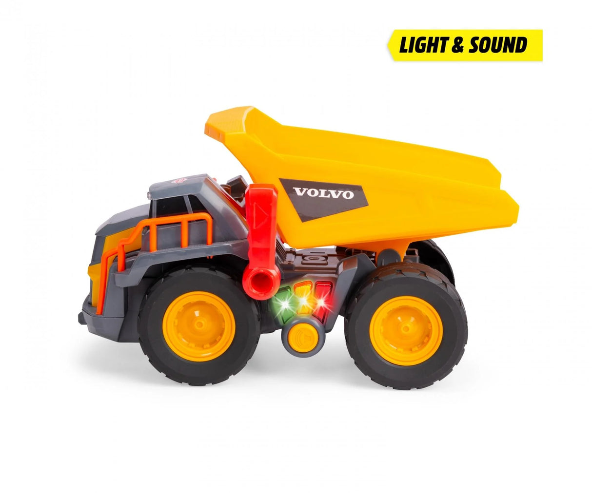 Dickie Toys Volvo Power Dump Truck side view with raised tipper and flashing light feature active