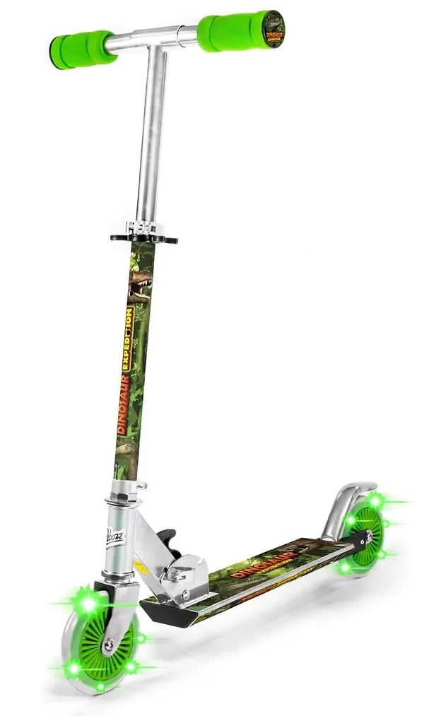 A dinosaur themed inline scooter with bright green grips, chrome T tube, and green light up wheels.