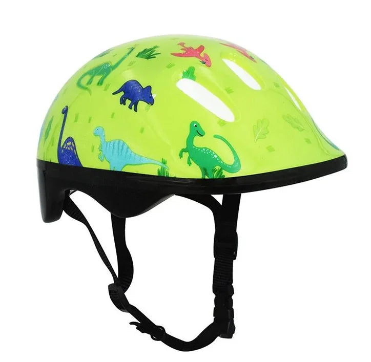 Kids dinosaur helmet side angled view with bright green shell, dinosaur graphics, vents, and black straps on a white background