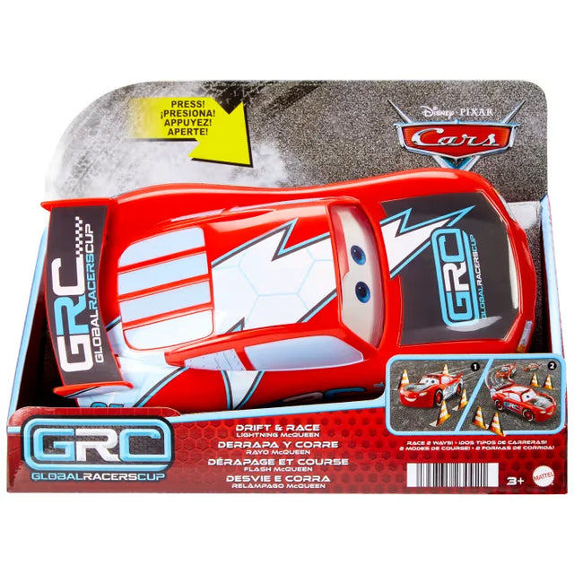 Disney Cars Drift & Race Lightning McQueen in packaging showing GRC graphics and features.
