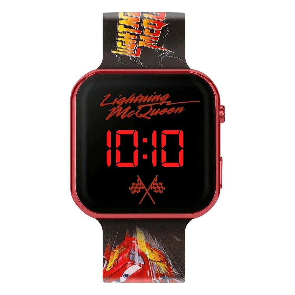 Disney Cars Lightning McQueen kids LED watch with red tone case, red digital display and printed black silicone strap