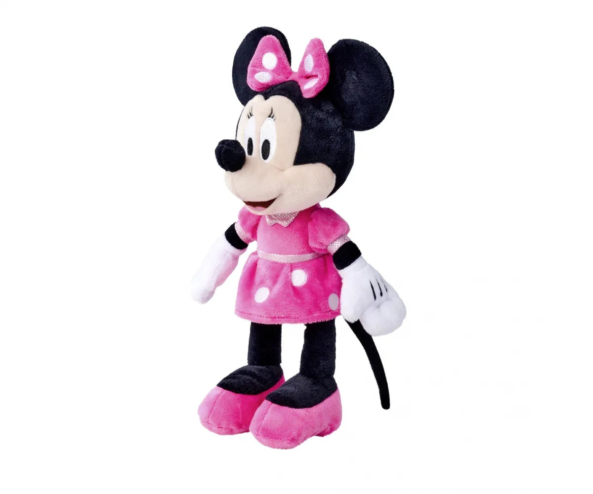 Side view of Minnie Mouse soft toy showing her cheerful face and classic pink outfit with bow and gloves