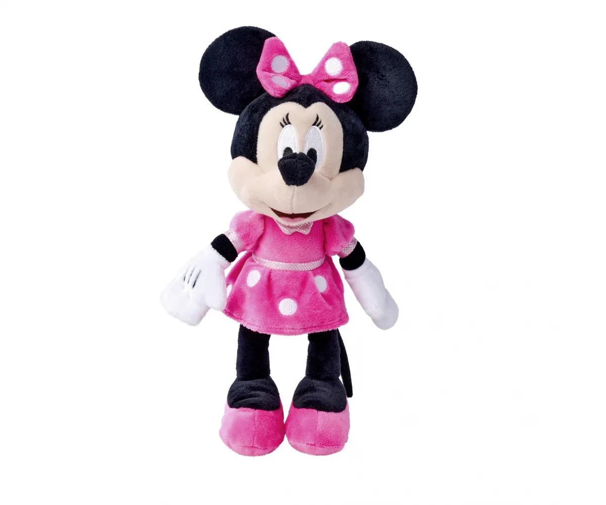 Minnie Mouse plush toy wearing a pink polka dot dress with matching bow, white gloves and pink shoes