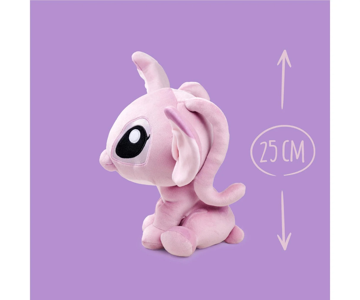 Side profile of the pink Angel 25cm plush toy from Disney Doorables showing fluffy texture and big soft ears.