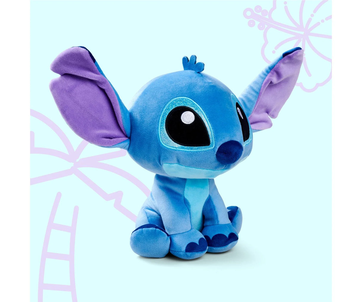 Angled view of Stitch plush toy in Doorables style with sparkling embroidered eyes, blue body and soft fabric finish