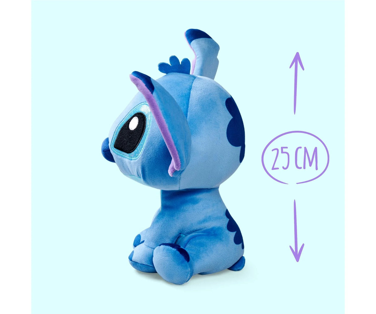 Side view of 25cm Disney Doorables Stitch plush showing blue fur, big eyes and upright pose against light background