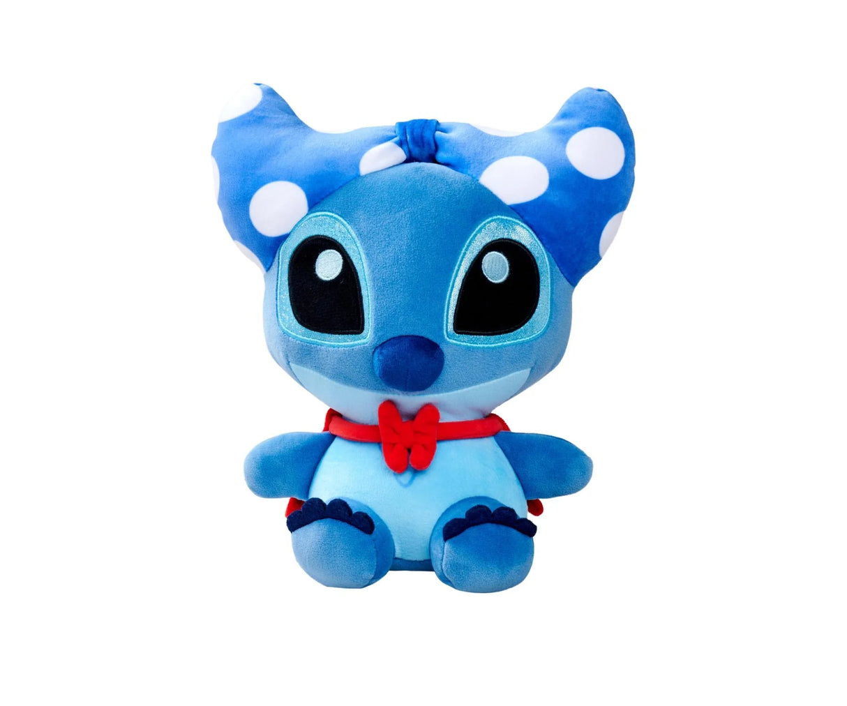 Disney Doorables Stitch 25 cm plush toy in blue with white polka dot bow and red scarf, seated on white background.