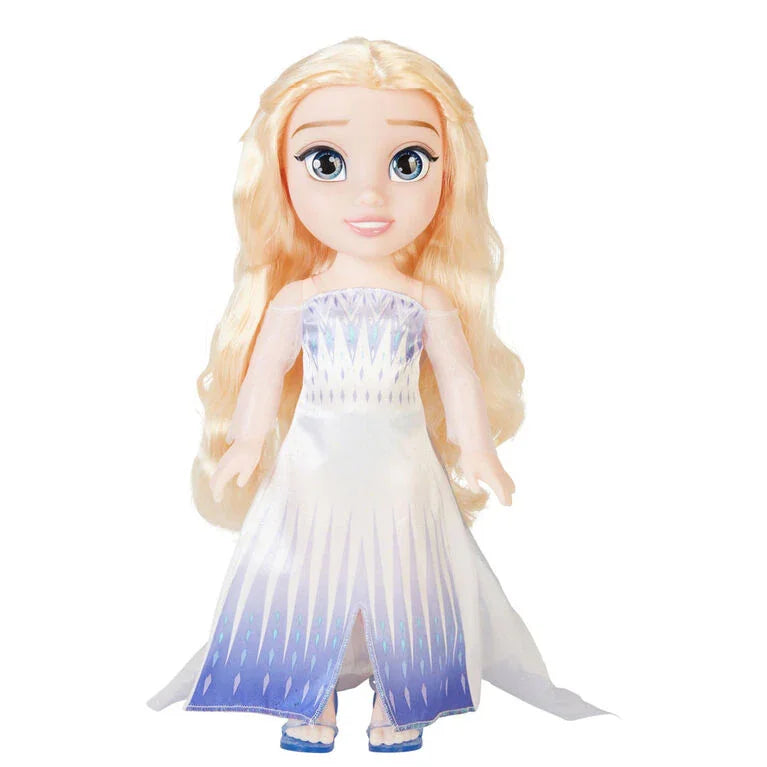 Disney Frozen Elsa Toddler Doll with shimmering blue gown, flowing cape, and wavy blonde hair in Ireland.