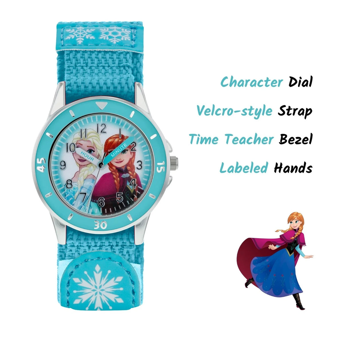 Disney Frozen Fabric Strap Time Teacher Watch with callouts showing character dial, adjustable fabric strap, time teacher bezel and labelled hands