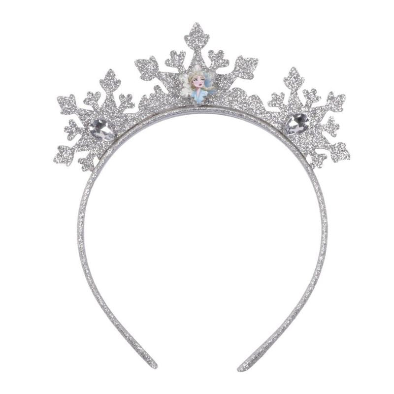 Disney Frozen silver headband with glitter snowflake decorations and small Elsa character detail