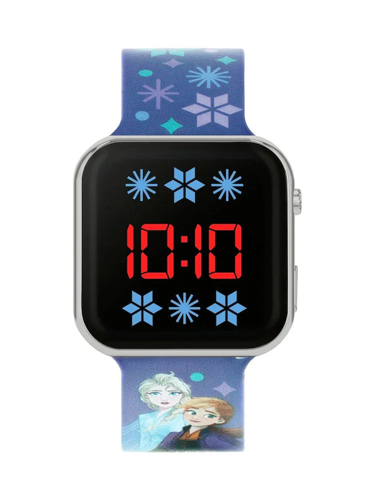 Close-up of Frozen LED watch face with red digital time and snowflake icons in Ireland