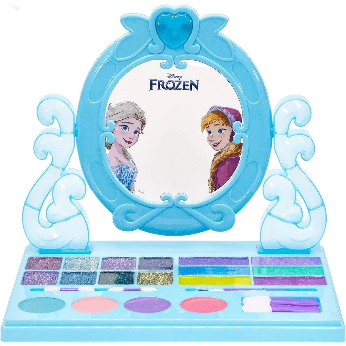 Front view of Disney Frozen cosmetic vanity with mirror, makeup colours and brushes