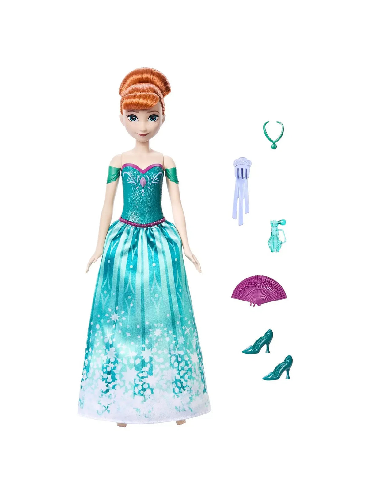 Disney Frozen Spin & Reveal Anna doll wearing teal dress with matching fan accessory