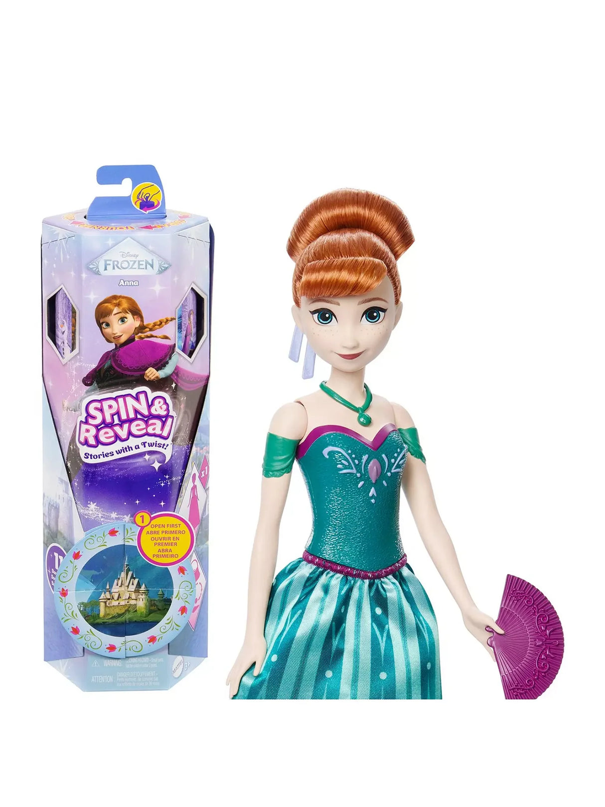 Disney Frozen Spin & Reveal Anna doll in packaging with castle Spin and Reveal design