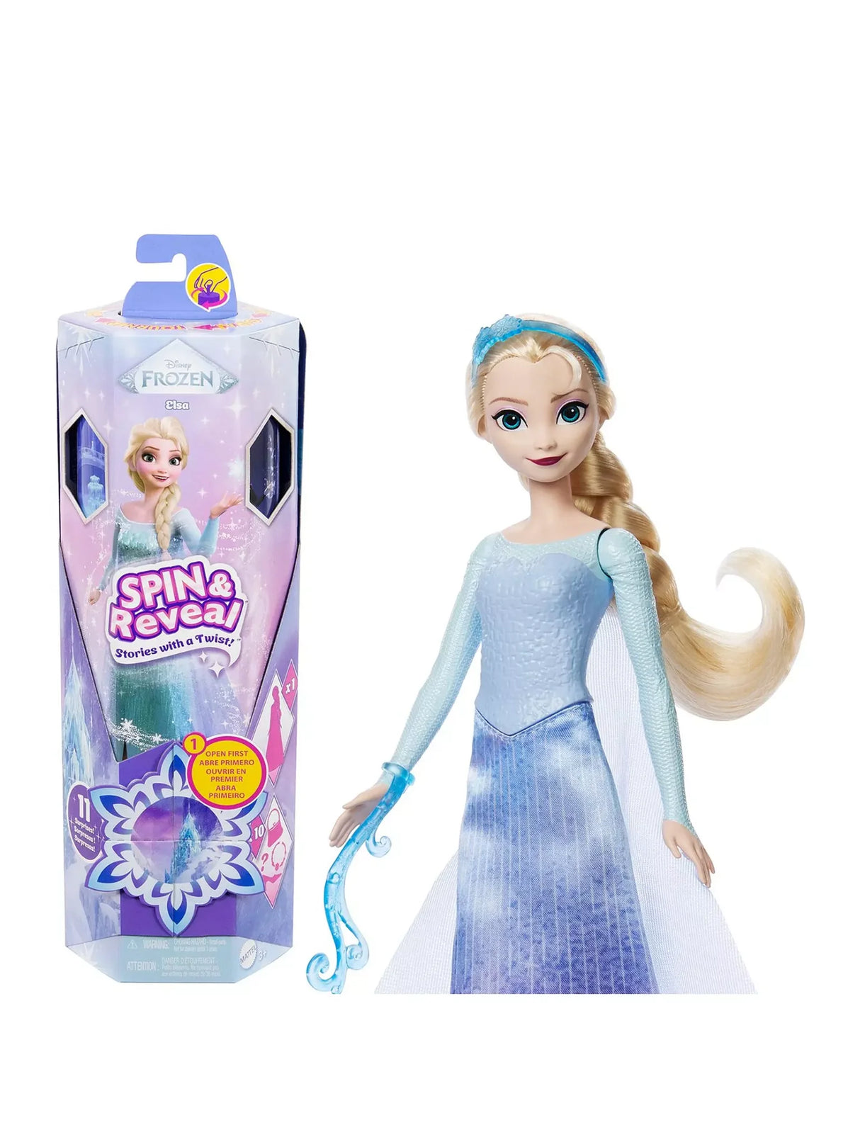 Disney Frozen Spin & Reveal Elsa doll in box with Spin and Reveal packaging design