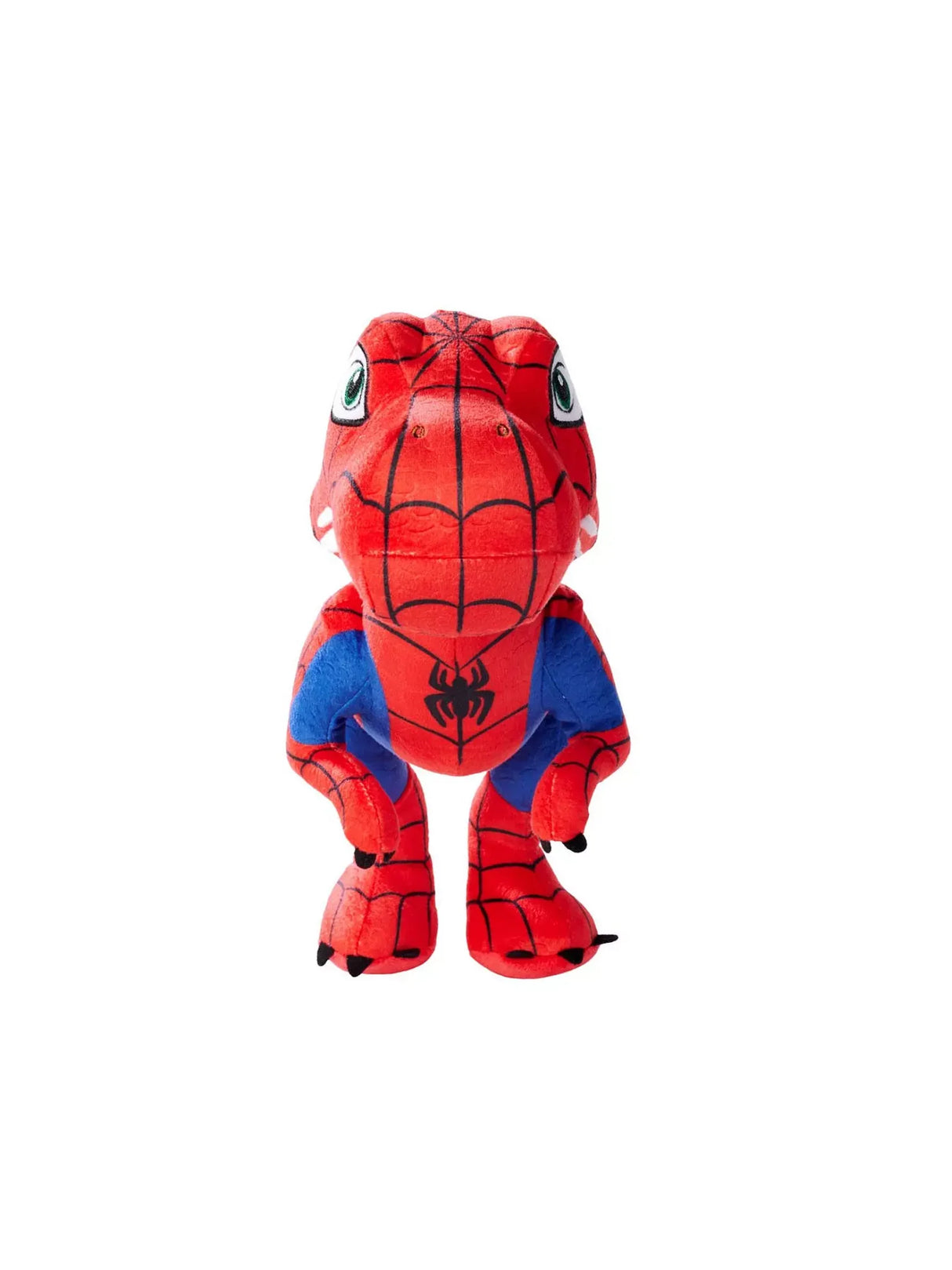 Front view of the red and blue Spidey T-Rex plush toy with spider emblem on chest and playful expression.
