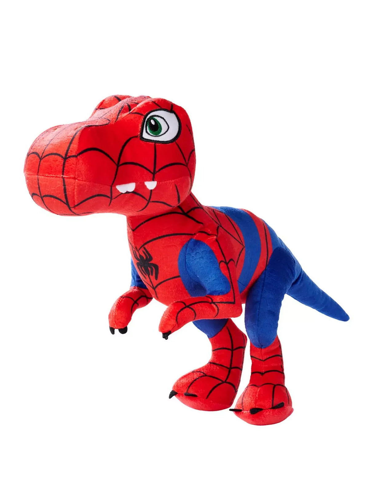 Red and blue Spidey T-Rex plush toy with web pattern and green eyes inspired by Marvel and Disney characters.
