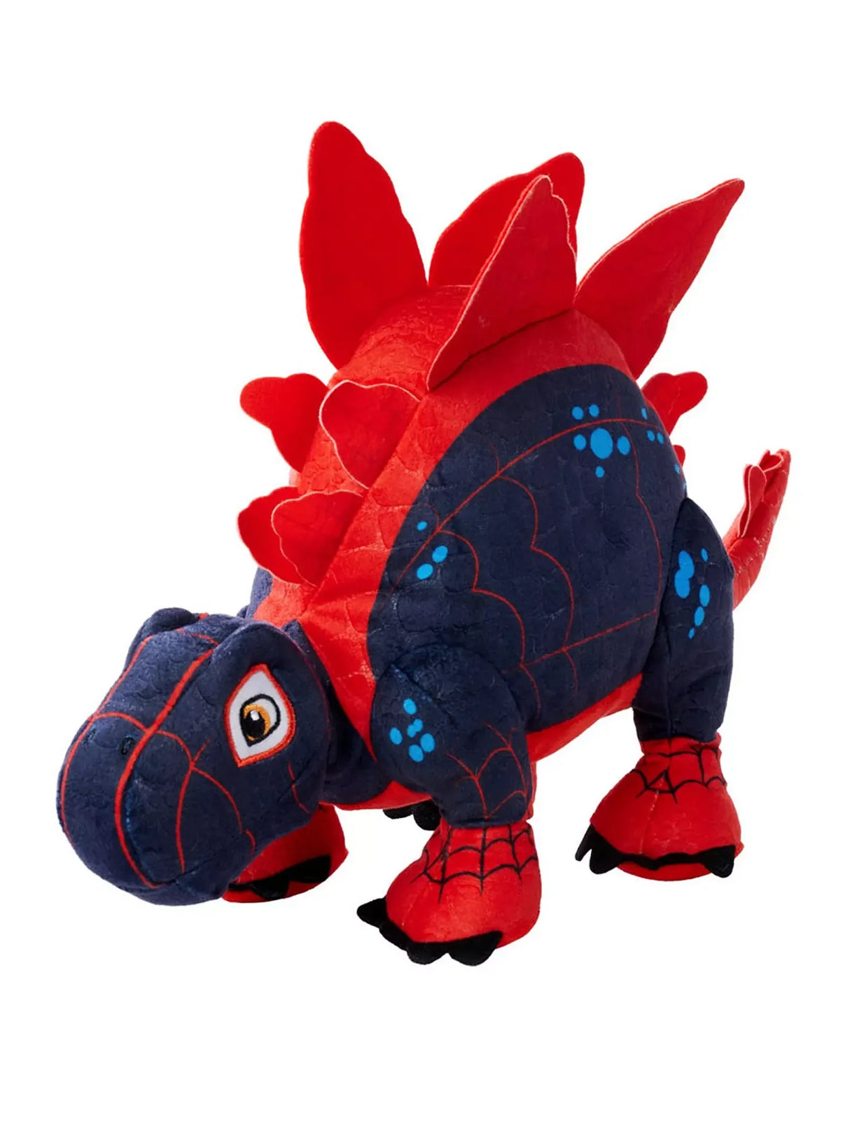 Disney Marvel Spin Stegosaurus plush toy in red and blue with soft texture, inspired by Spidey and His Amazing Friends.
