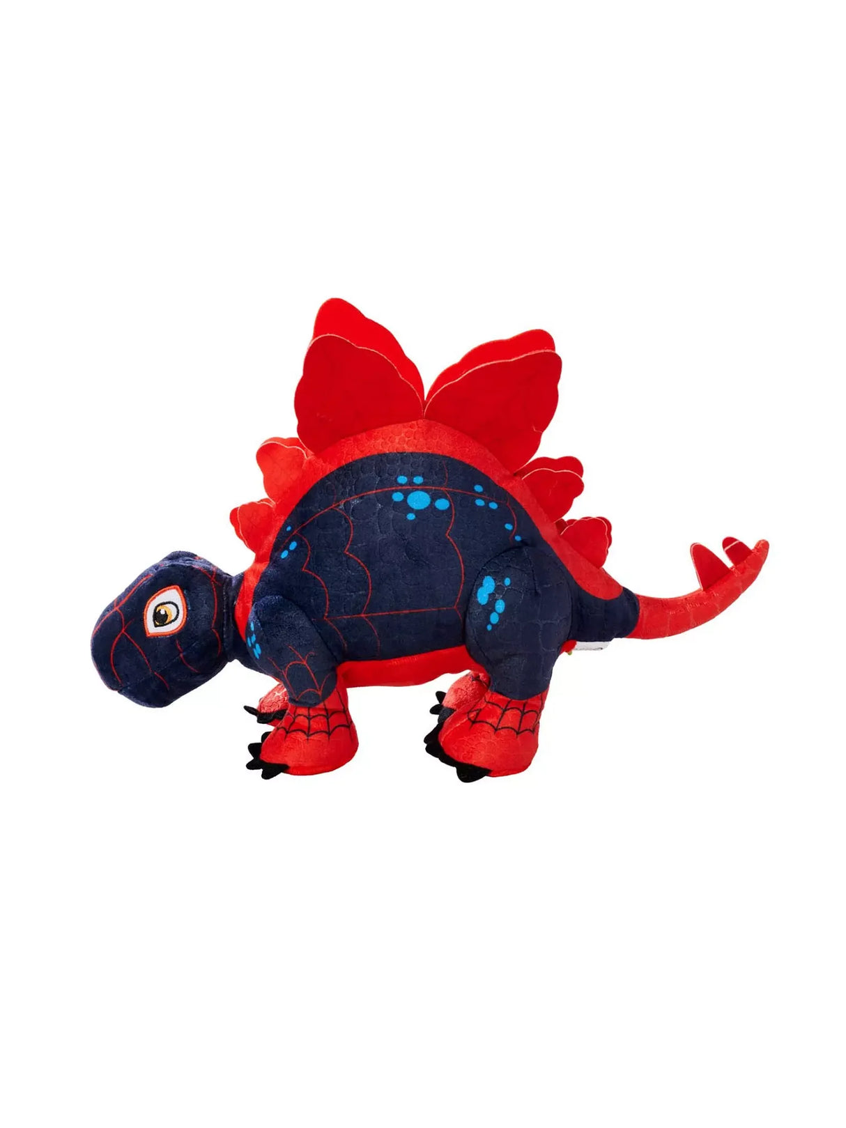 Side view of the Spin Stegosaurus 25 cm plush toy showing red plates, blue body, and detailed soft design.