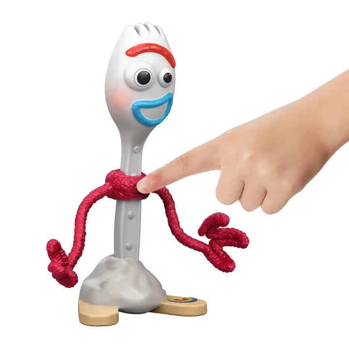 Forky figure shown from the front with a finger pressing the red centre button