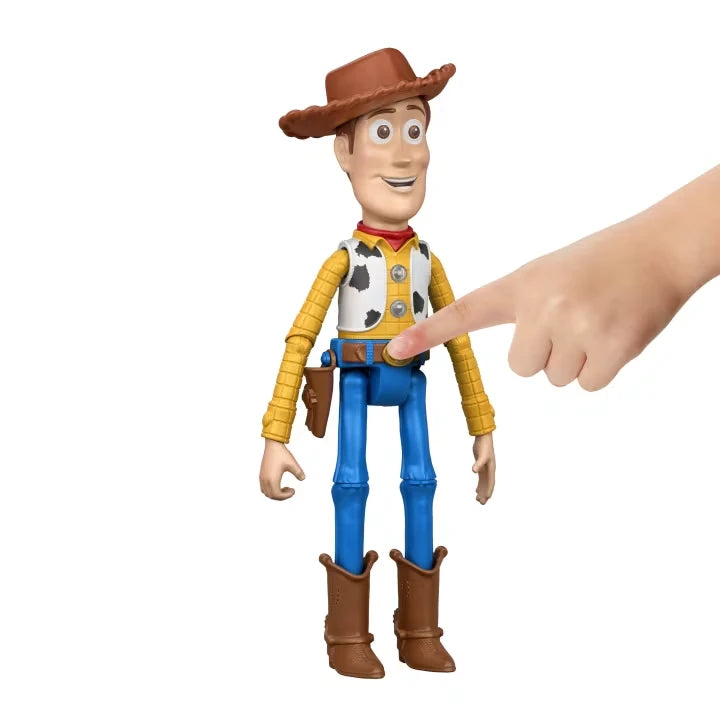 Woody figure shown from the front with a finger pressing the round chest button