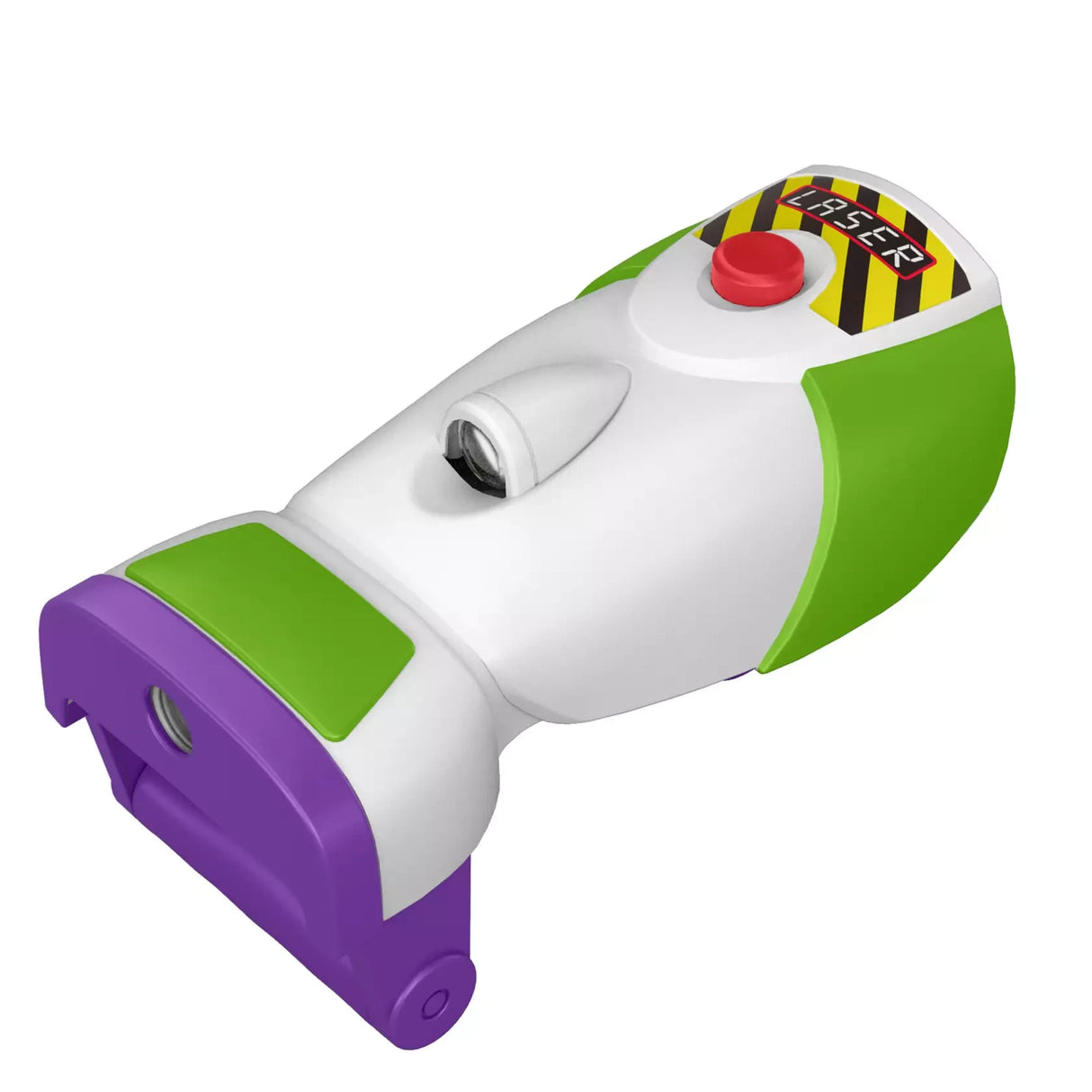 White, green and purple space ranger laser gauntlet shown from an angled side view