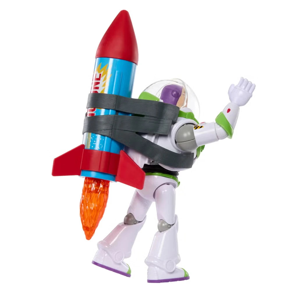 Buzz Lightyear figure shown from the back with red and blue rocket strapped on
