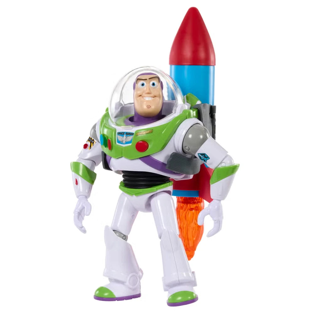 Buzz Lightyear figure shown from the front with red and blue rocket attached