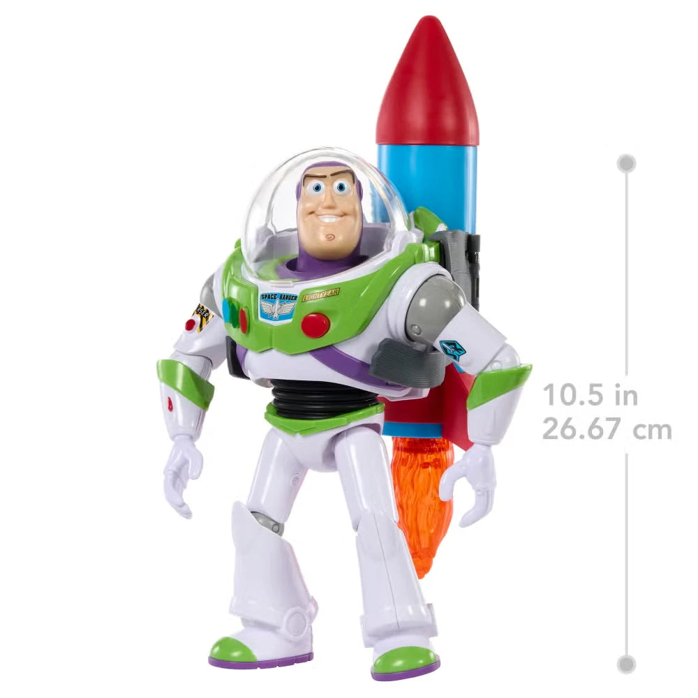 Buzz Lightyear figure with rocket attached shown from the front beside a 10.5 inch height guide