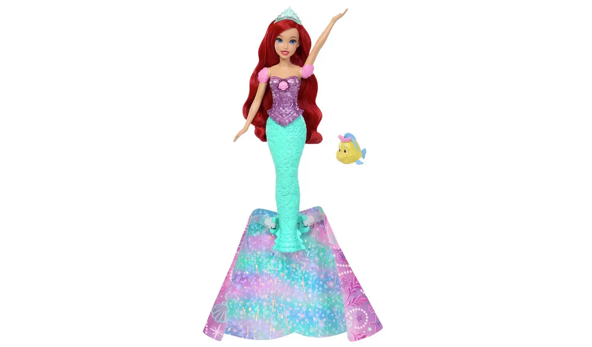 Disney Princess Ariel with red hair, purple bodice, turquoise mermaid tail and shimmering skirt