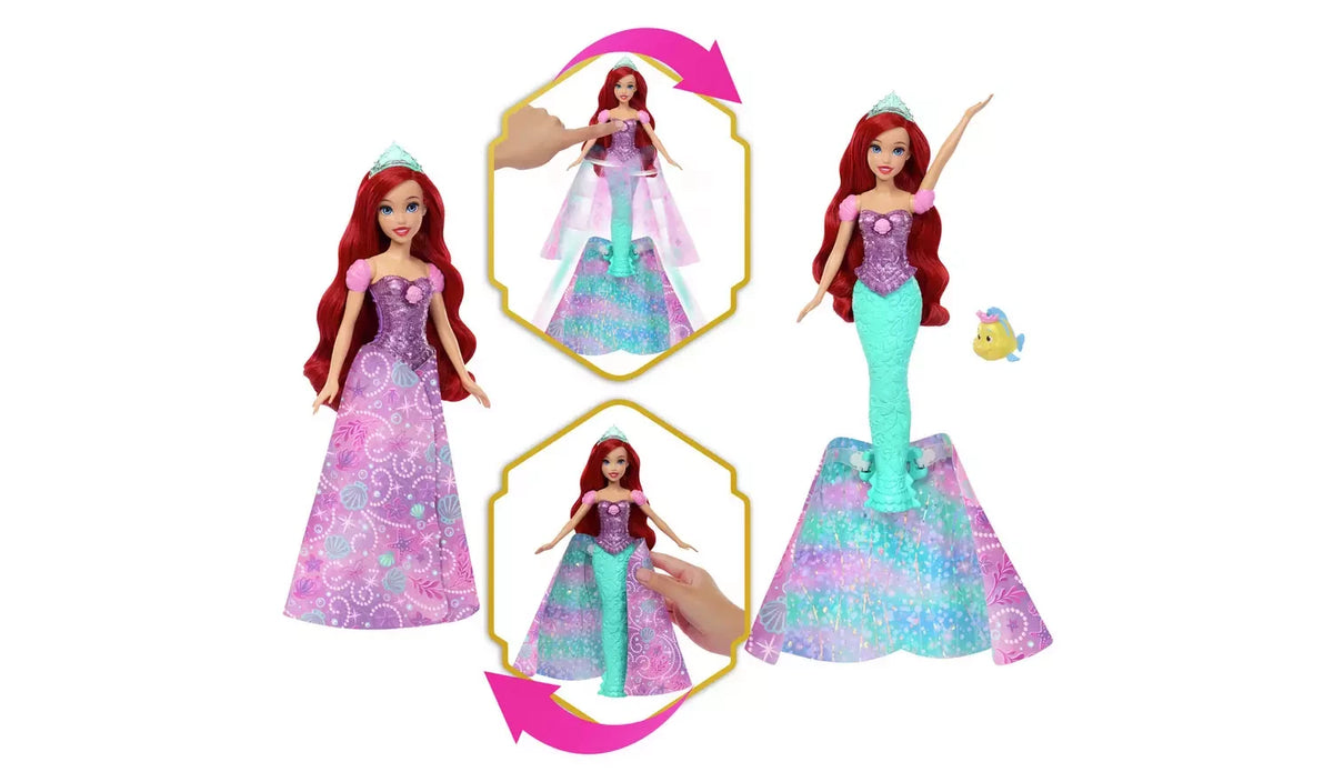 Disney Princess Ariel shown transforming between purple skirt and turquoise mermaid tail