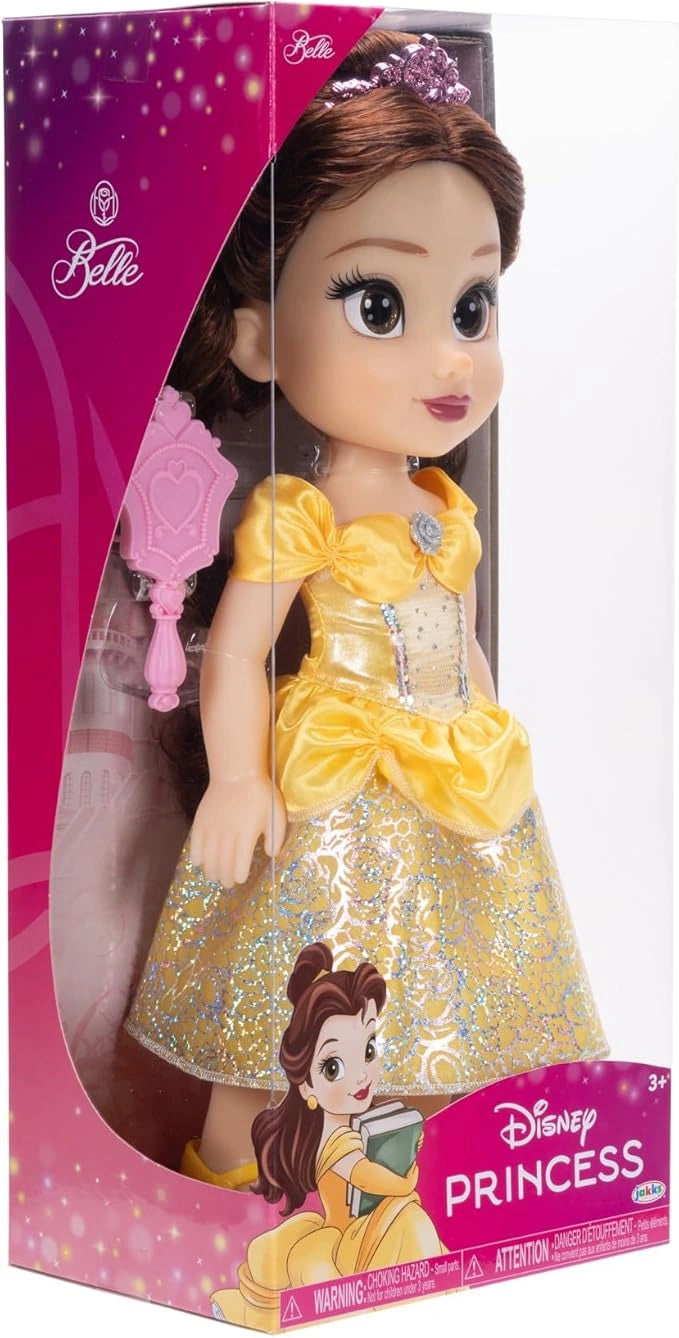 Disney Princess Belle doll in yellow dress shown inside pink display packaging