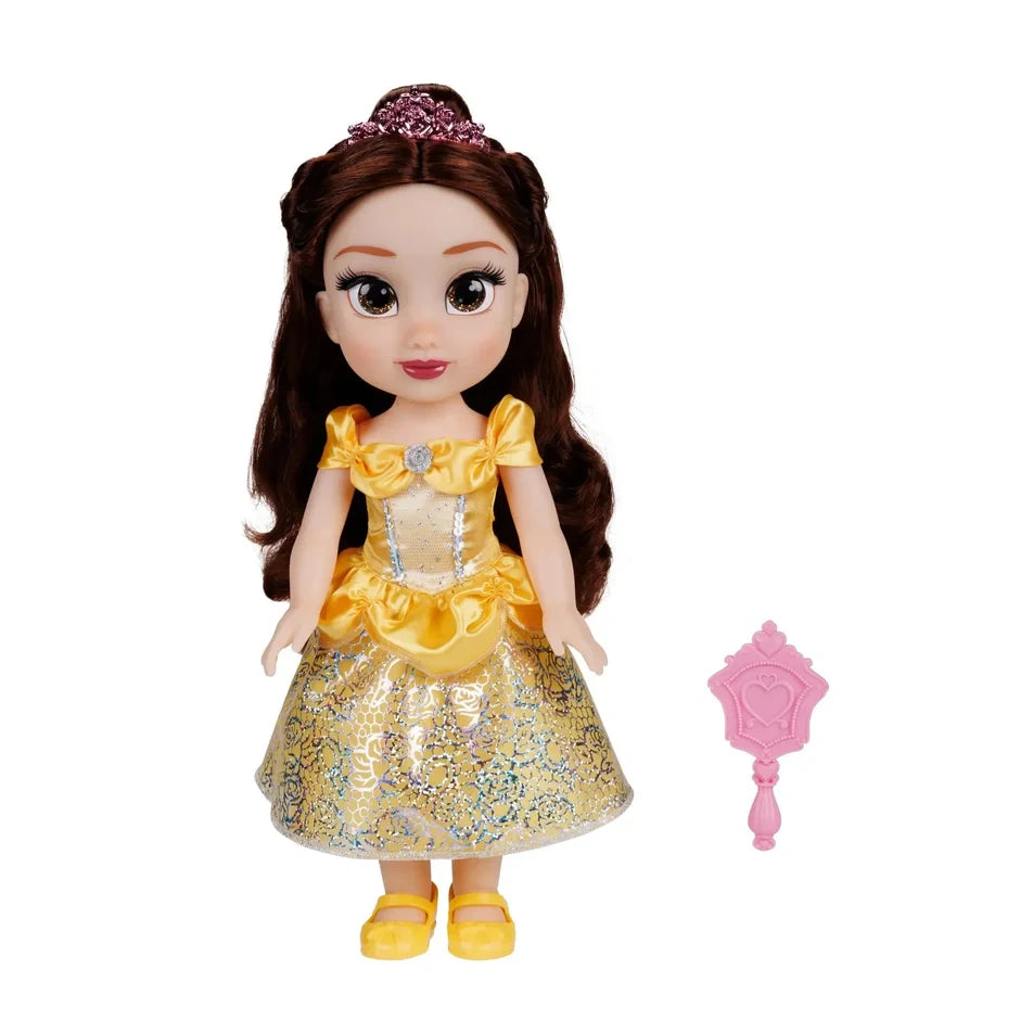 Disney Princess Belle doll with yellow dress, tiara, shoes and pink brush