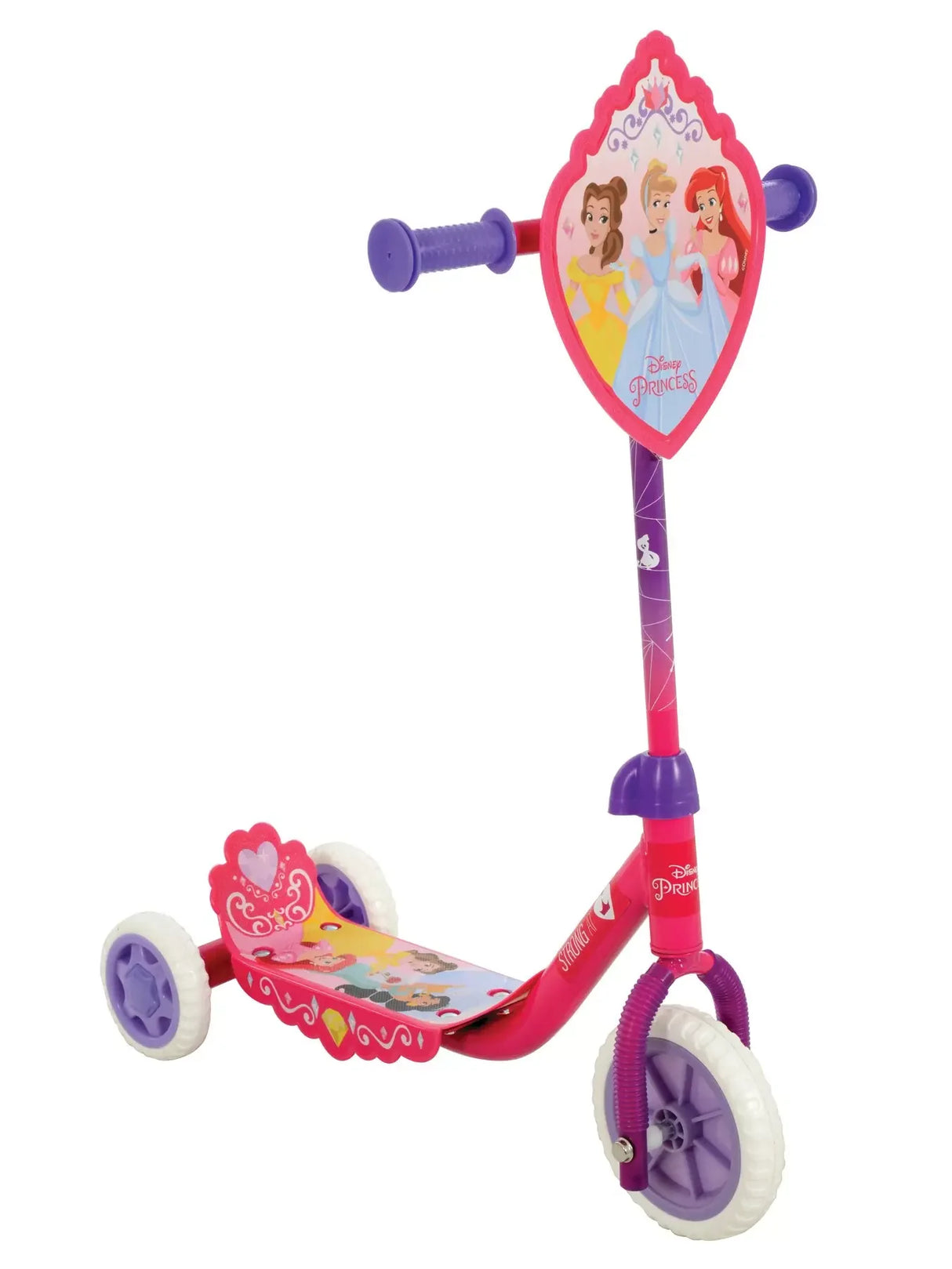 Disney Princess tri scooter with three wheels, pink and purple frame and character graphics on a white background