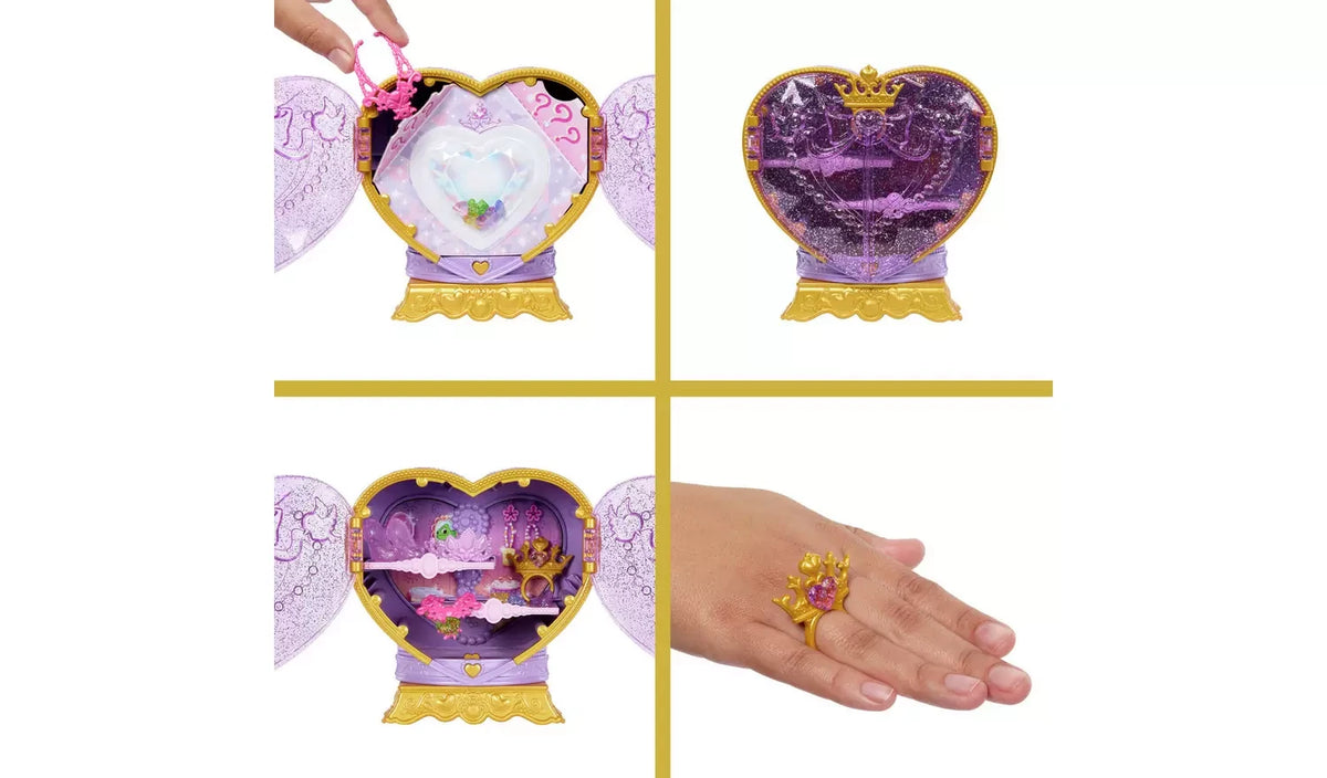 Disney Princess Jewel Reveal Rapunzel heart shaped gem box shown opening to reveal accessories with wearable flower ring