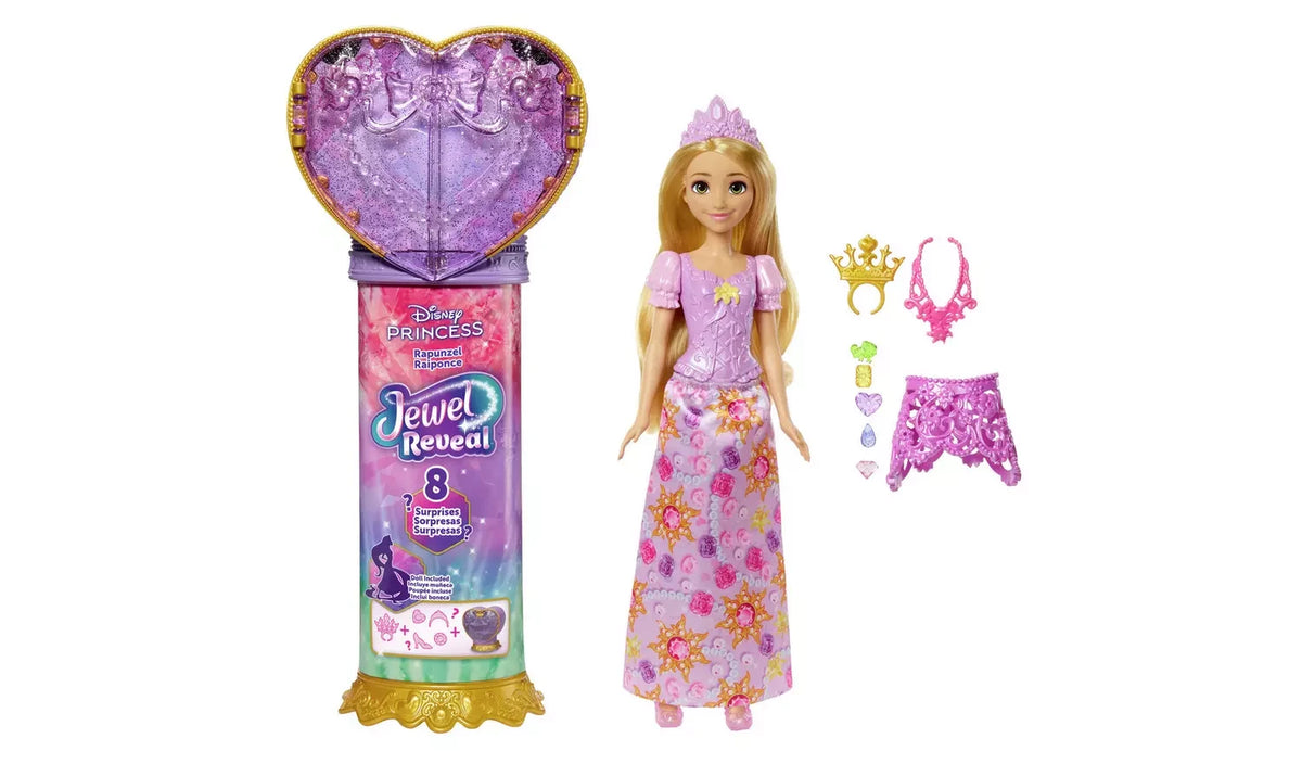 Disney Princess Jewel Reveal Rapunzel with heart shaped gem box, long skirt, tiara, necklace, shoes and jewel accessories