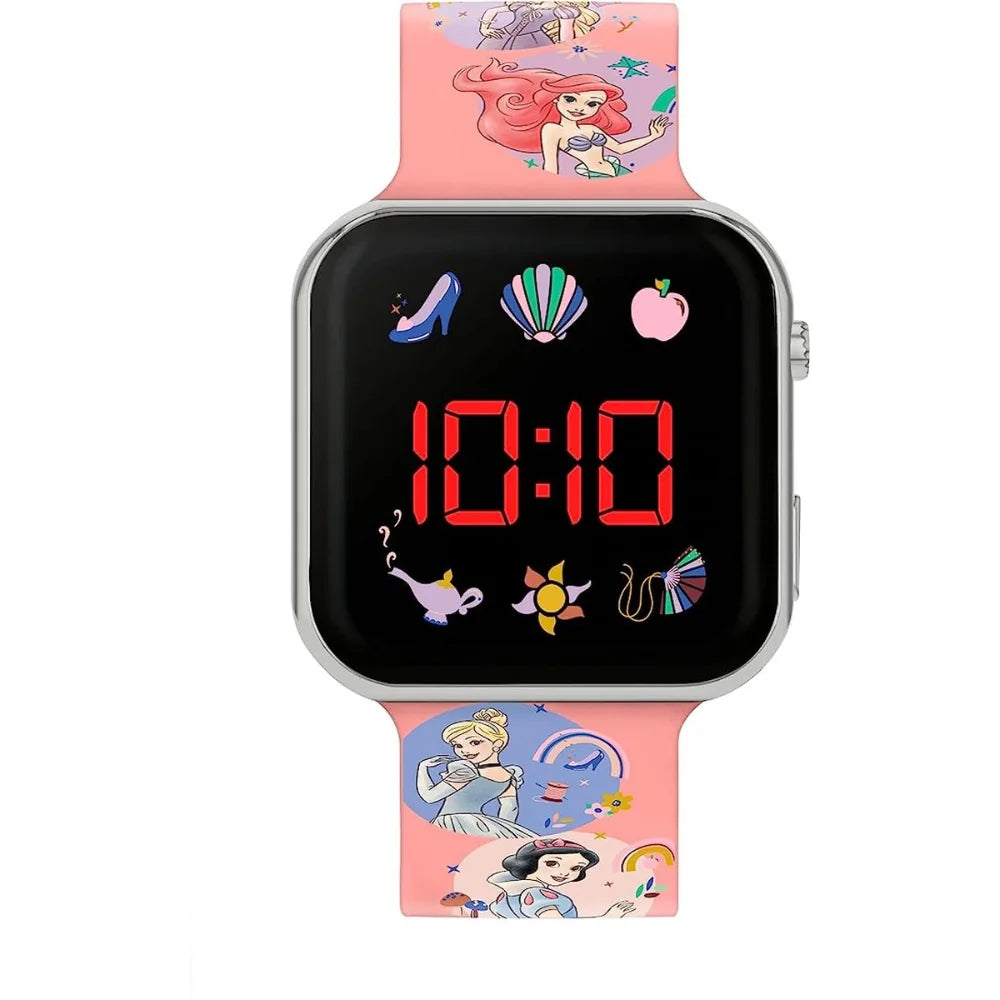 Close-up of Disney Princess LED watch dial with vivid red time display and detailed princess artwork in Ireland.