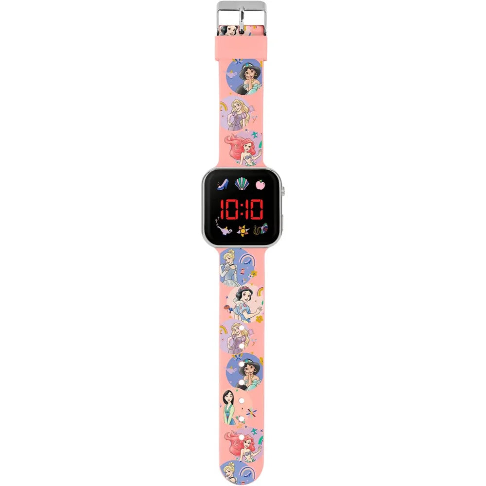 Full view of Disney Princess LED watch showing pink strap with Cinderella, Ariel, and Belle character prints in Ireland.