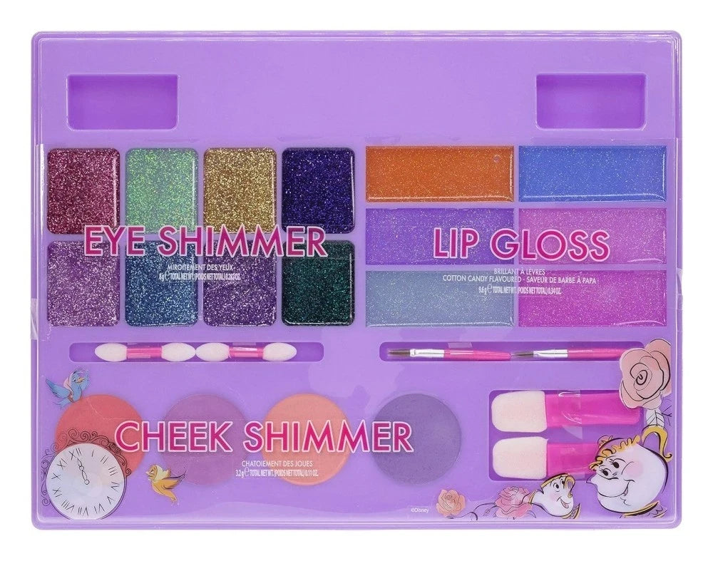 Disney Princess cosmetic vanity set shown open flat with eye shimmer, lip gloss, cheek shimmer and brushes