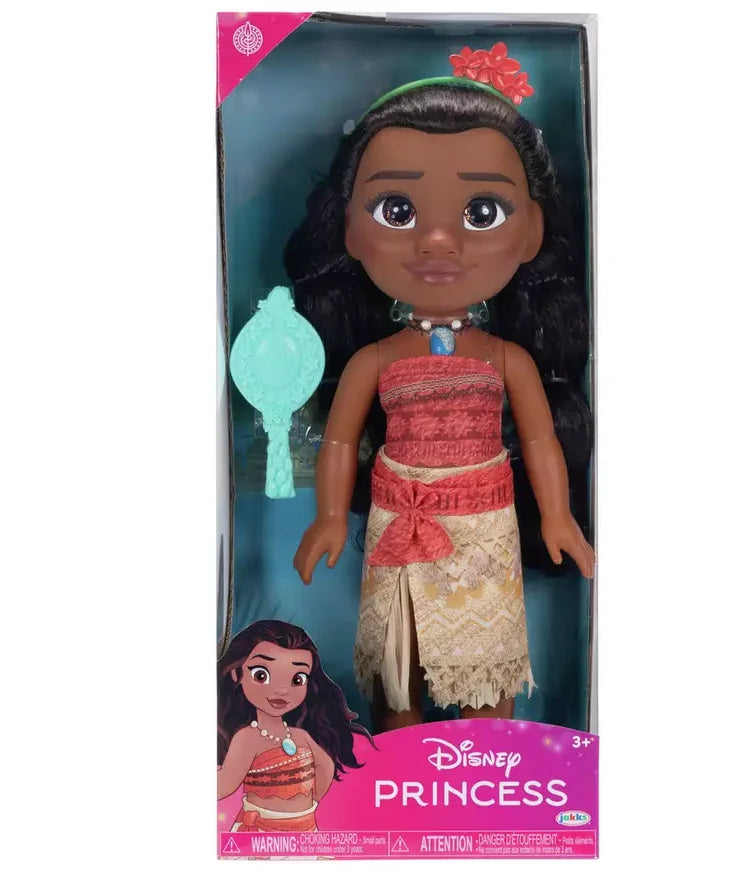 Disney Princess Toddler Moana Doll packaged in display box wearing red and cream island dress with brush in Ireland.
