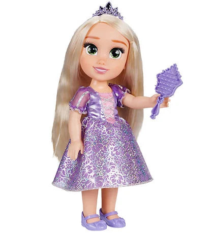 Disney Rapunzel Toddler Doll with long blonde hair, purple gown, and tiara holding brush in Ireland.