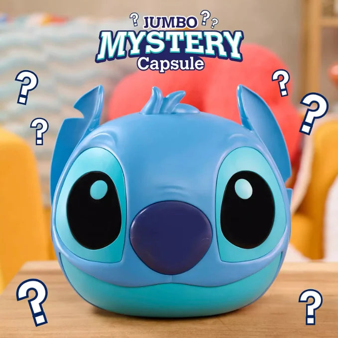 Disney Stitch Jumbo Mystery Capsule on table with mystery icons around in Ireland
