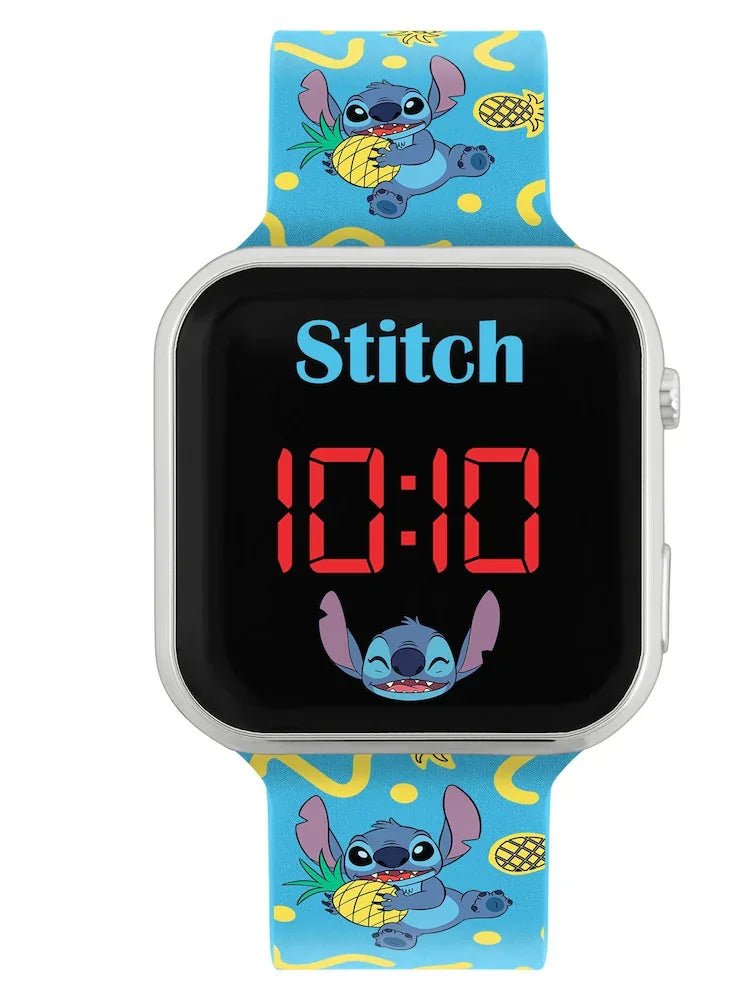 Close-up of Disney Stitch LED watch face with vivid red time display and smiling Stitch character art in Ireland.