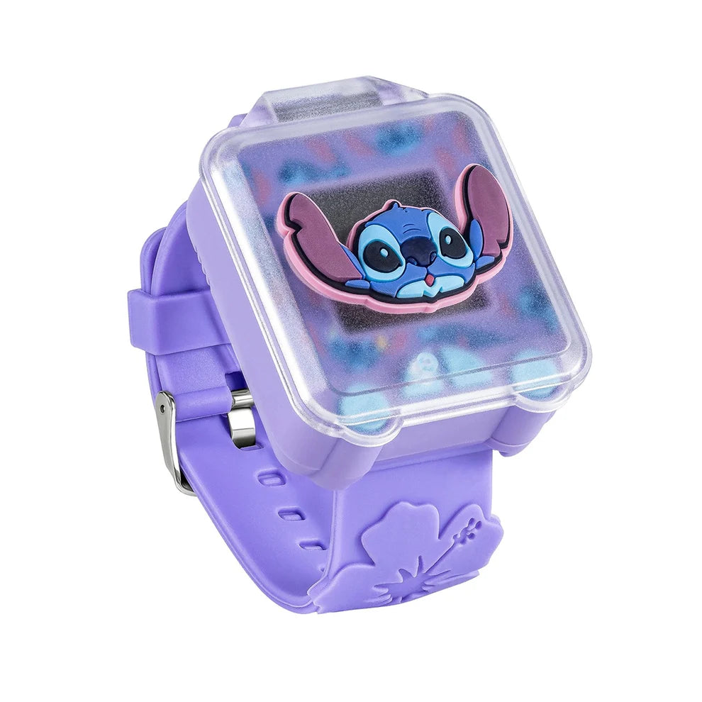 Disney Stitch Purple Learning Watch closed front view with raised Stitch cover and purple strap with flower detail