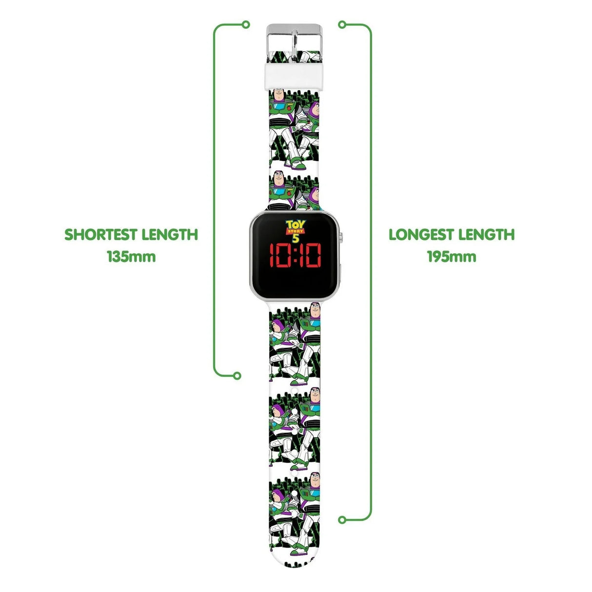 Disney Toy Story 5 Buzz LED watch with shortest and longest strap length measurements